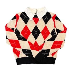 Alice + Olivia Argyle Wool Sweater Detachable Collar, Red Black Cream, Large